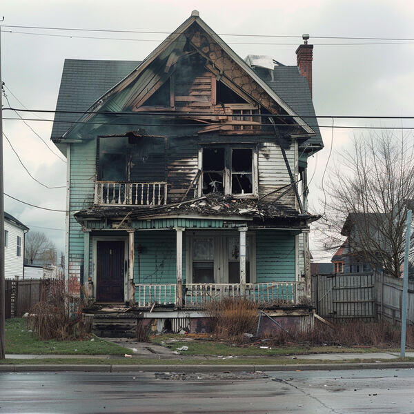We buy fire & storm damaged houses a two story house in a crowded neighborhood with severe fire damage on the second floor